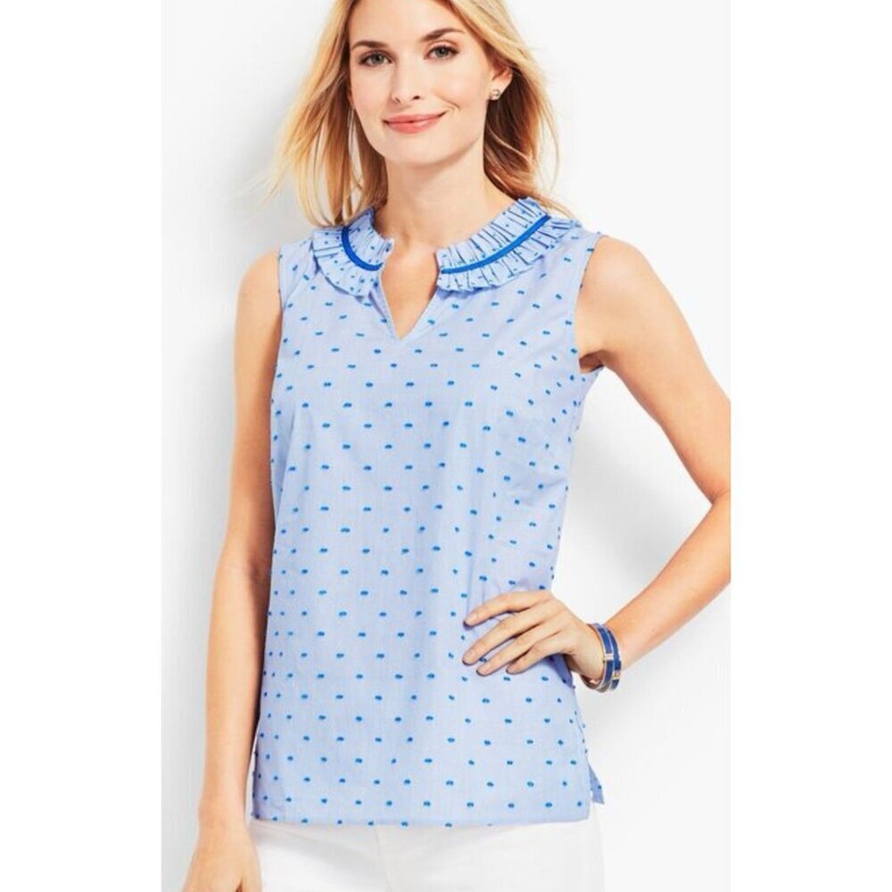 TALBOTS Blue White Stripe‎ Dots Print Lightweight Sleeveless Top Women's Size XS